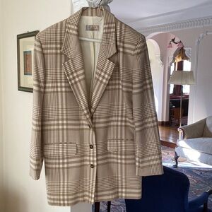 Liz Claiborne Cream & Tan Classic Boxy Plaid 100% Wool Jacket 6 (runs larger)